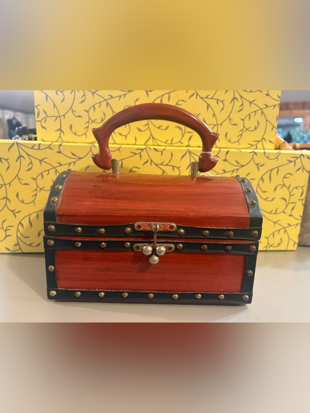 Vintage-Style Brown Wooden Box Purse with Top Handle